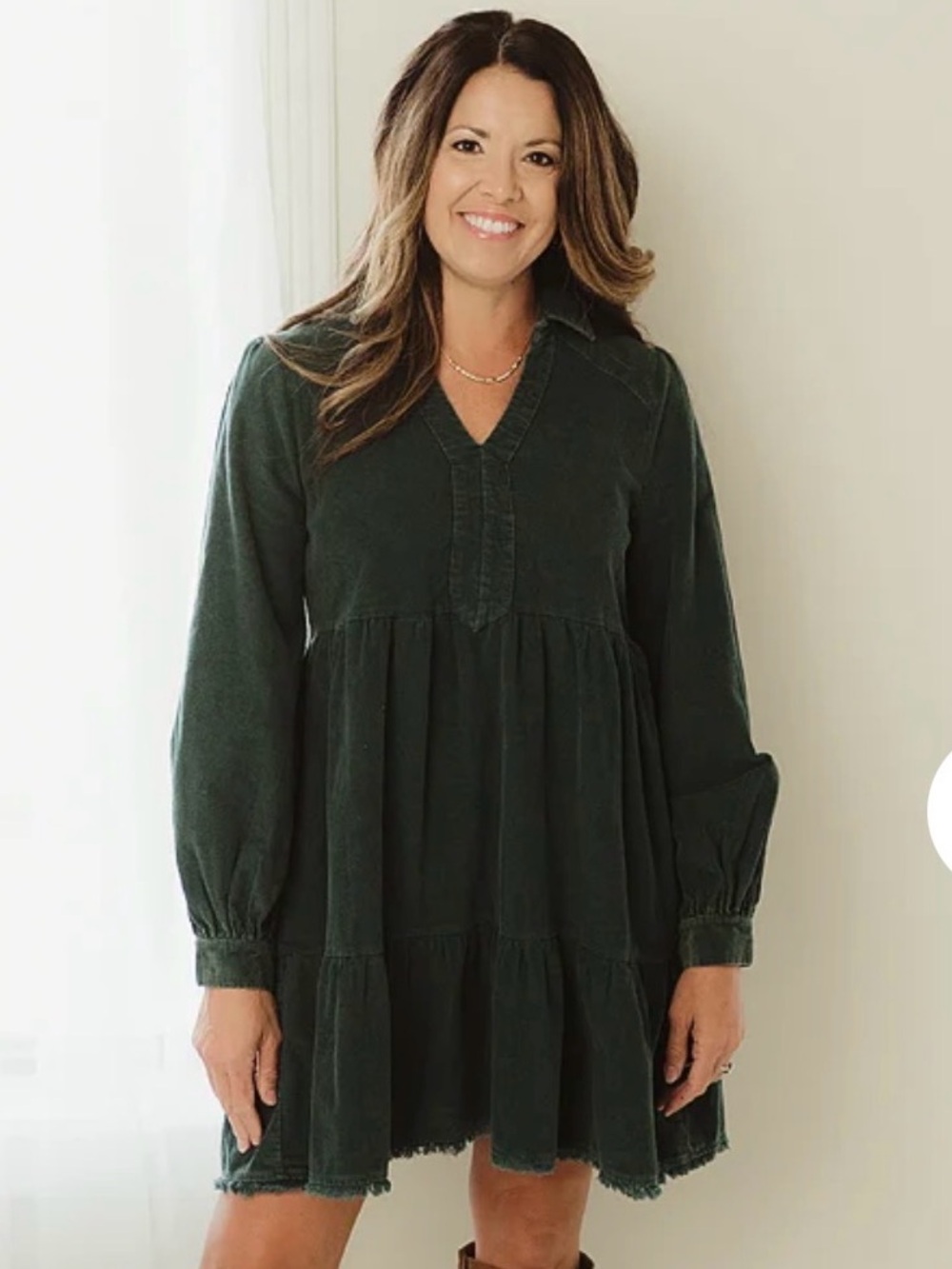 Umgee Dark Teal Green Tiered V-Neck Mini Corduroy Dress Balloon Sleeves XL